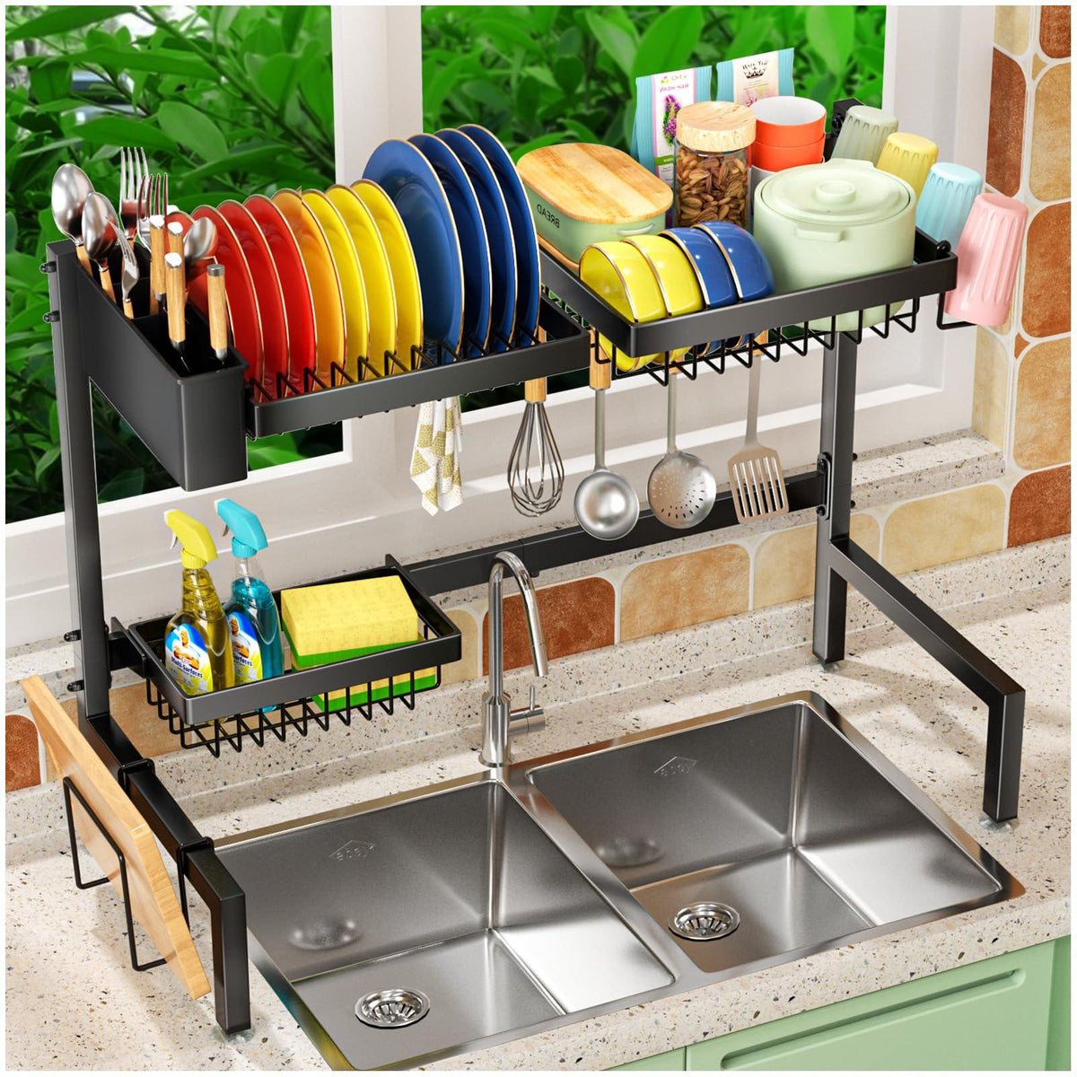 SNSLXH 2-Tier Over The Sink Dish Drying Rack Kitchen Large Dish Drying Rack Over The Sink Suitable for Most Sinks Effective Dish Drying Kitchen Drying Rack(24.8"-35.4")