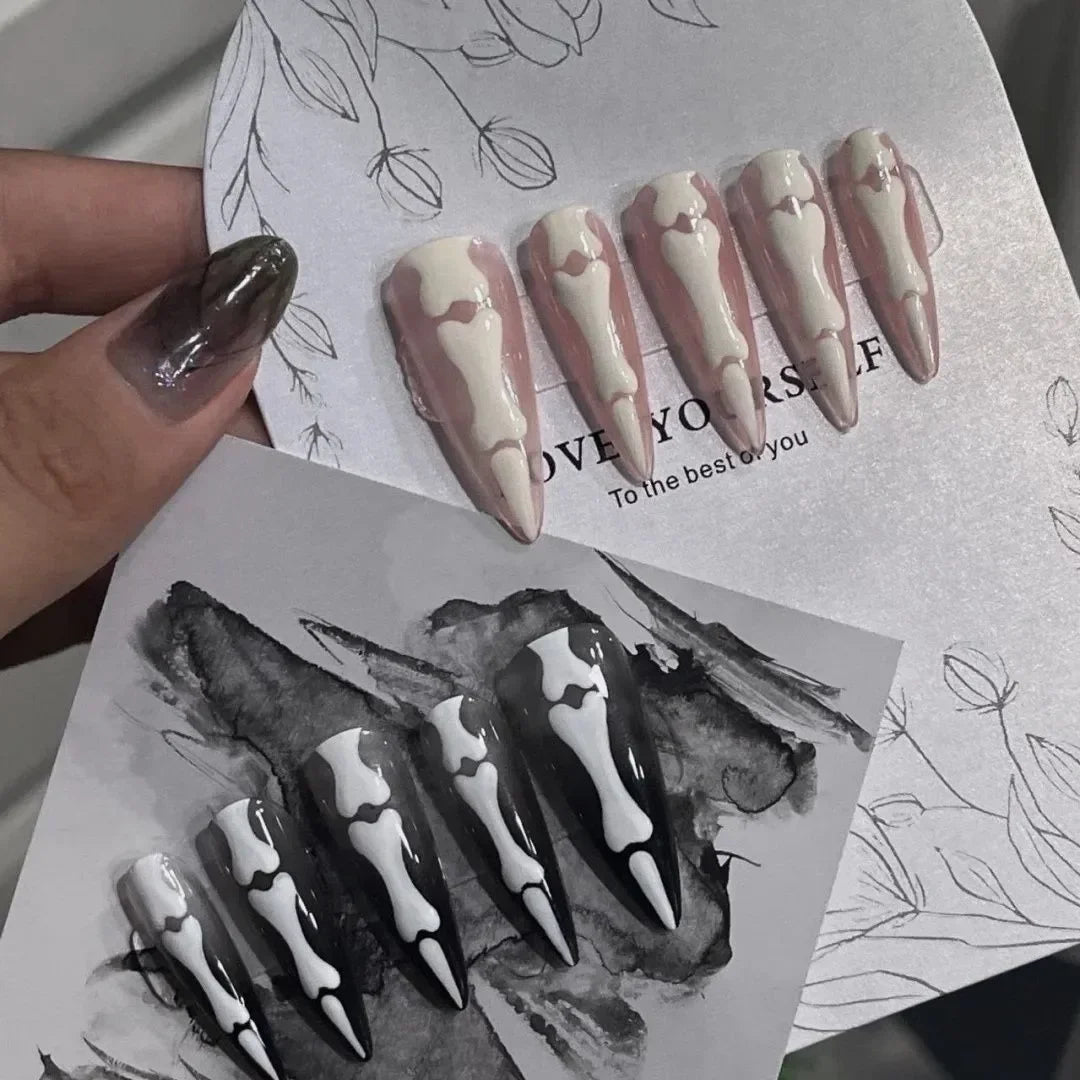 10Pcs Halloween Goth Bone Press-on Nails – Glossy Long Almond Full Cover False Nail Design for Women & Girls