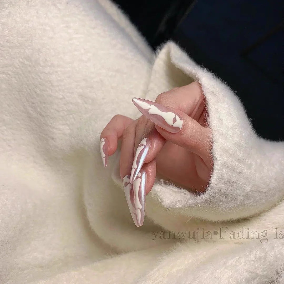 10Pcs Halloween Goth Bone Press-on Nails – Glossy Long Almond Full Cover False Nail Design for Women & Girls