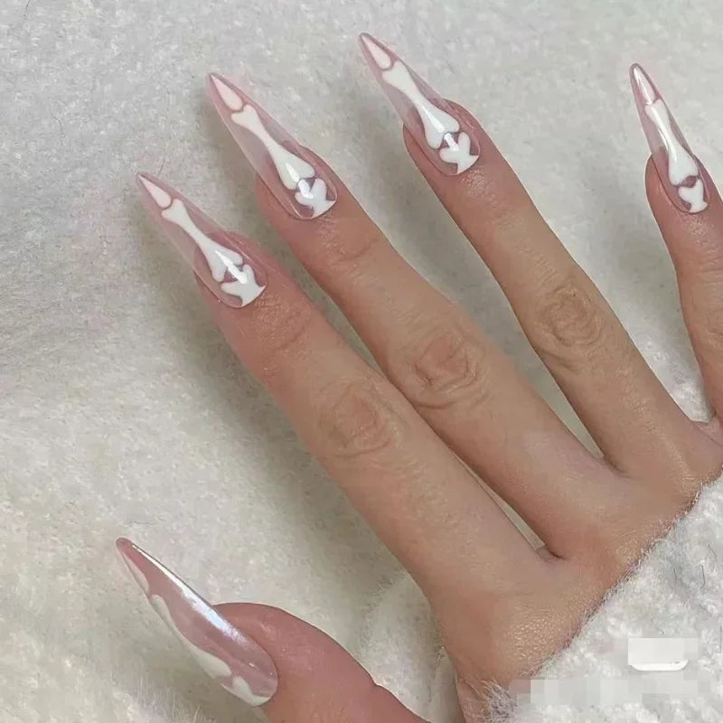10Pcs Halloween Goth Bone Press-on Nails – Glossy Long Almond Full Cover False Nail Design for Women & Girls