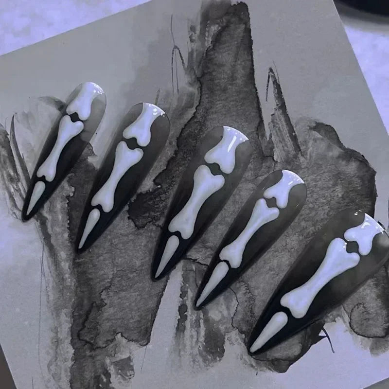 10Pcs Halloween Goth Bone Press-on Nails – Glossy Long Almond Full Cover False Nail Design for Women & Girls