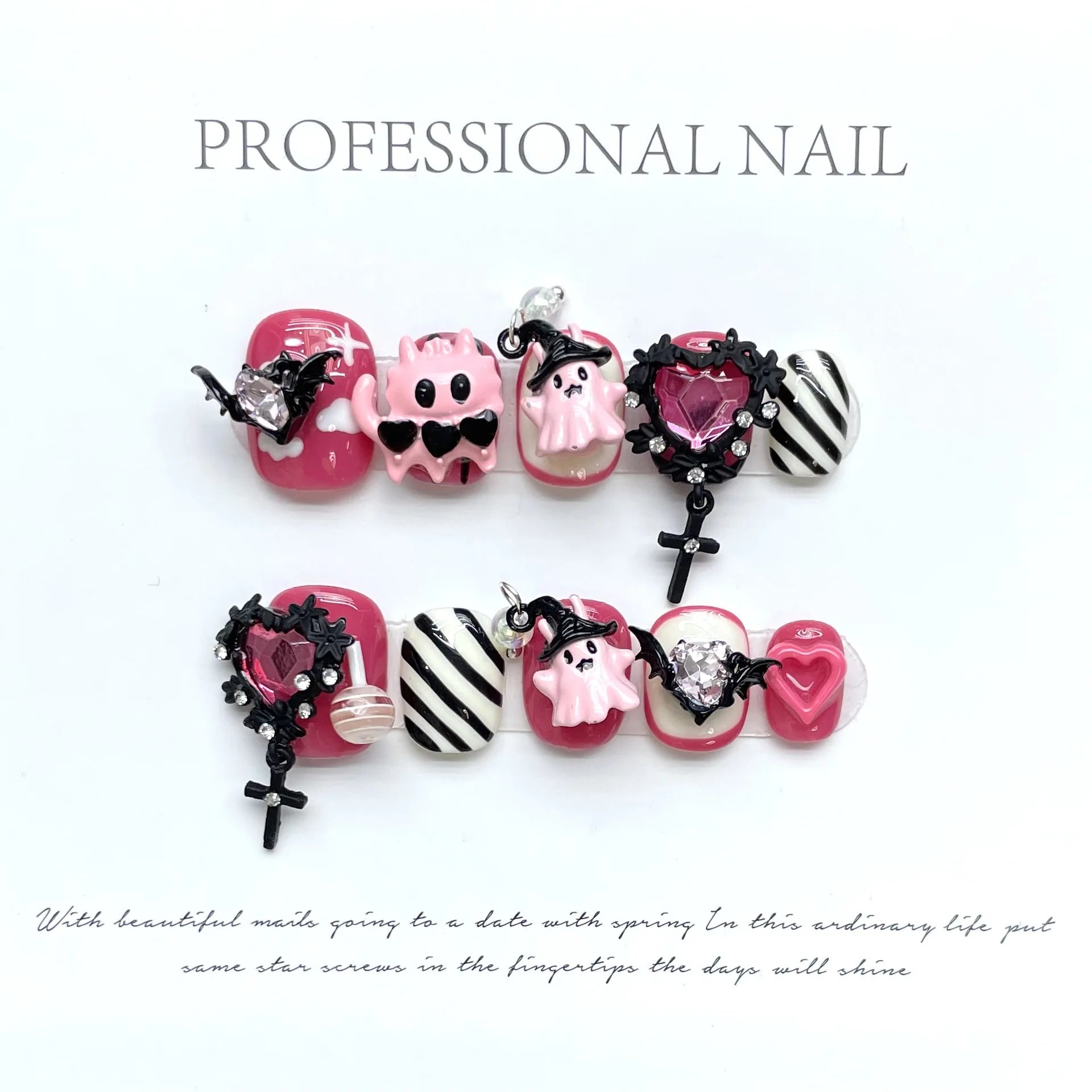 10Pcs Handmade Press-on Nails – Cute Pink Ghost & Crystal Love Halloween Design