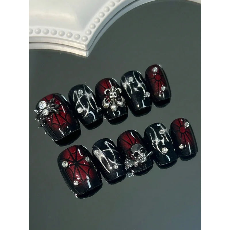 10Pcs Handmade Short Fake Nails – 3D Spider & Web Dark Series Reusable Press-on Nail Set