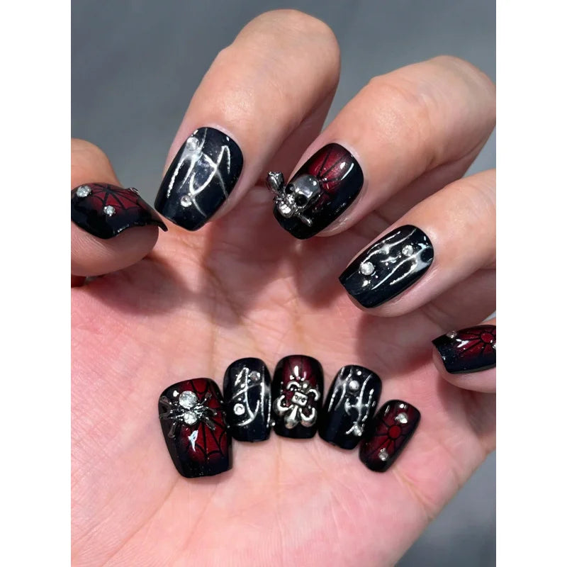 10Pcs Handmade Short Fake Nails – 3D Spider & Web Dark Series Reusable Press-on Nail Set