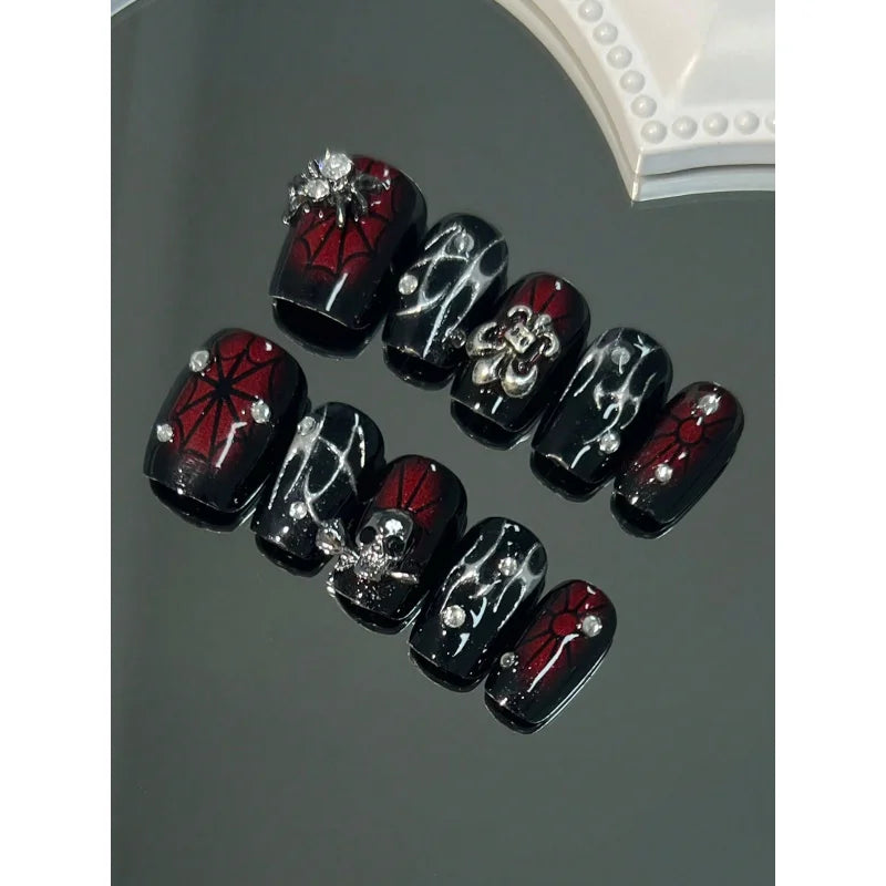 10Pcs Handmade Short Fake Nails – 3D Spider & Web Dark Series Reusable Press-on Nail Set