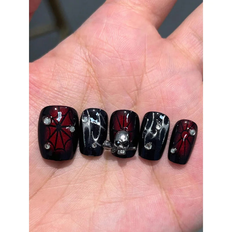 10Pcs Handmade Short Fake Nails – 3D Spider & Web Dark Series Reusable Press-on Nail Set