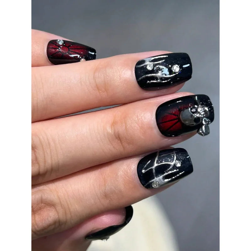 10Pcs Handmade Short Fake Nails – 3D Spider & Web Dark Series Reusable Press-on Nail Set