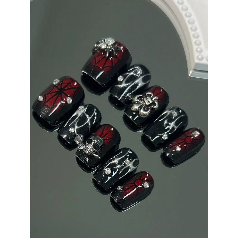 10Pcs Handmade Short Fake Nails – 3D Spider & Web Dark Series Reusable Press-on Nail Set