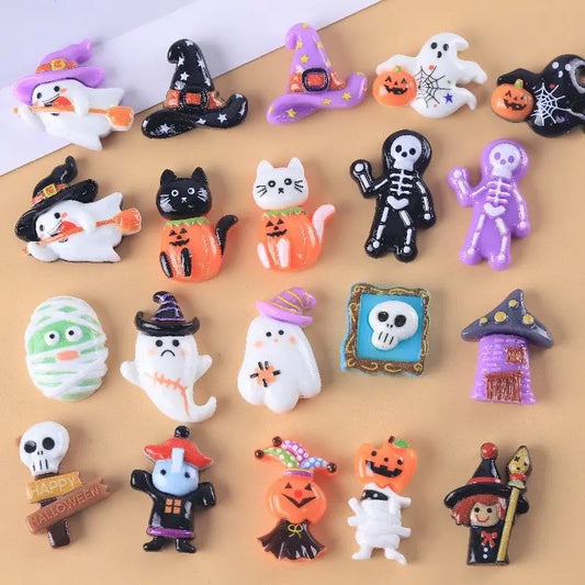 10Pcs Resin Halloween Ghosts, Skeletons & Pumpkins – Flat Back Embellishments