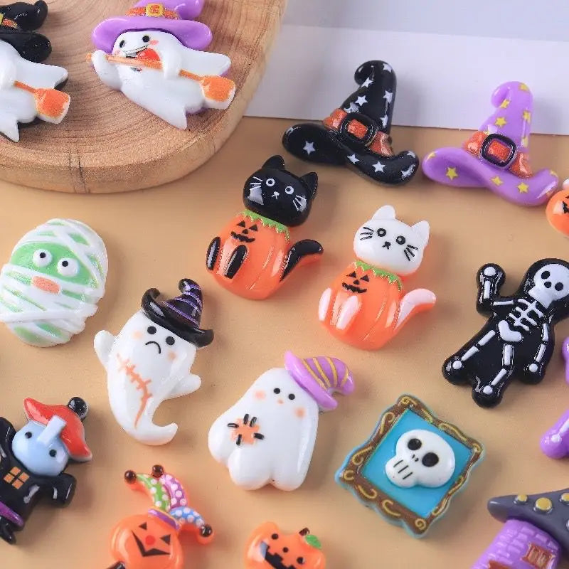 10Pcs Resin Halloween Ghosts, Skeletons & Pumpkins – Flat Back Embellishments