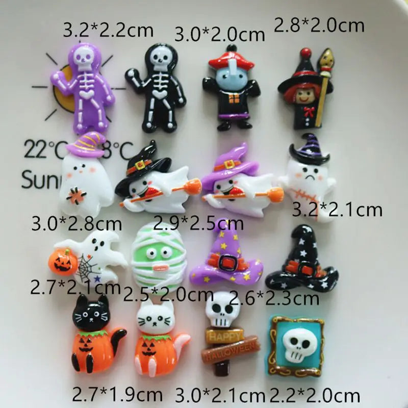 10Pcs Resin Halloween Ghosts, Skeletons & Pumpkins – Flat Back Embellishments