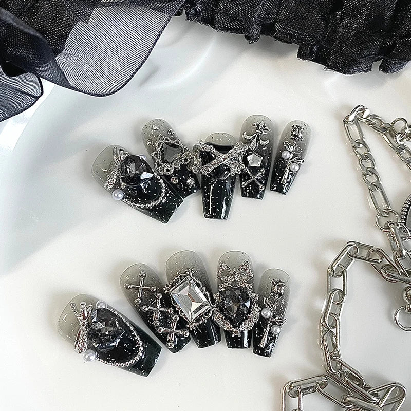 10pcs Handmade Coffin Shaped Gothic Fake Nails – Dark Nail Art with Cool Metal Decoration for Women