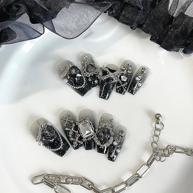10pcs Handmade Coffin Shaped Gothic Fake Nails – Dark Nail Art with Cool Metal Decoration for Women