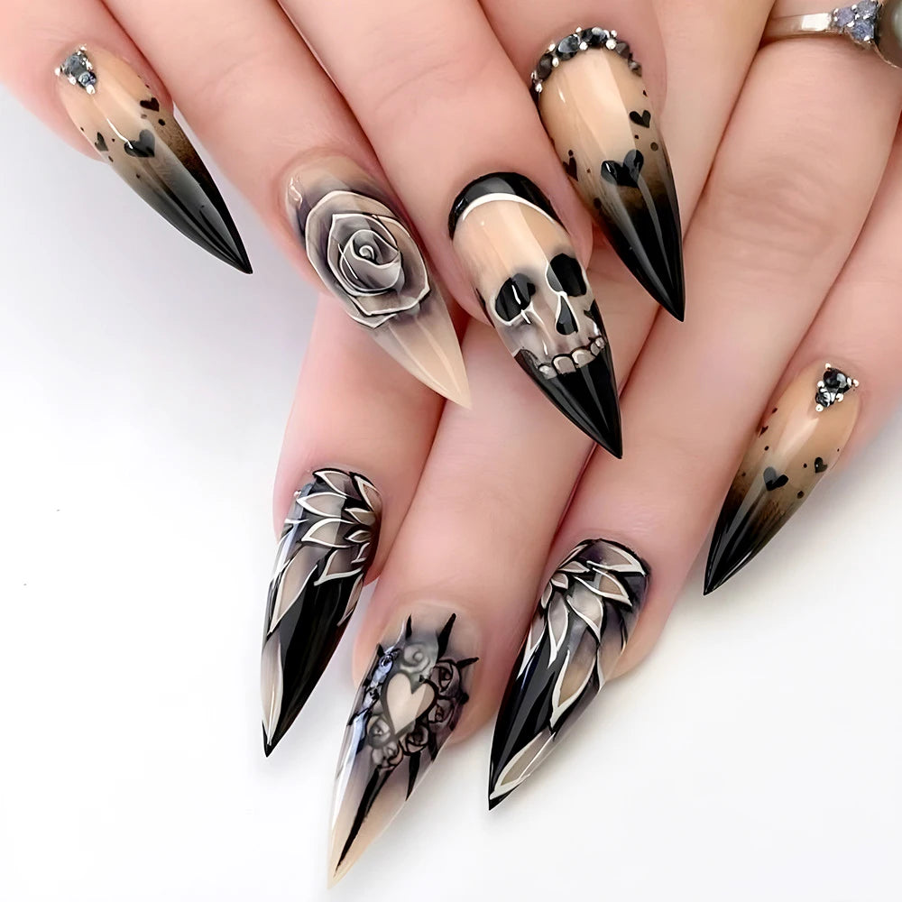 24Pcs Black Glossy Halloween Almond Fake Nails – Gradient French Press-on Nails with Rose, Heart & Skull Designs