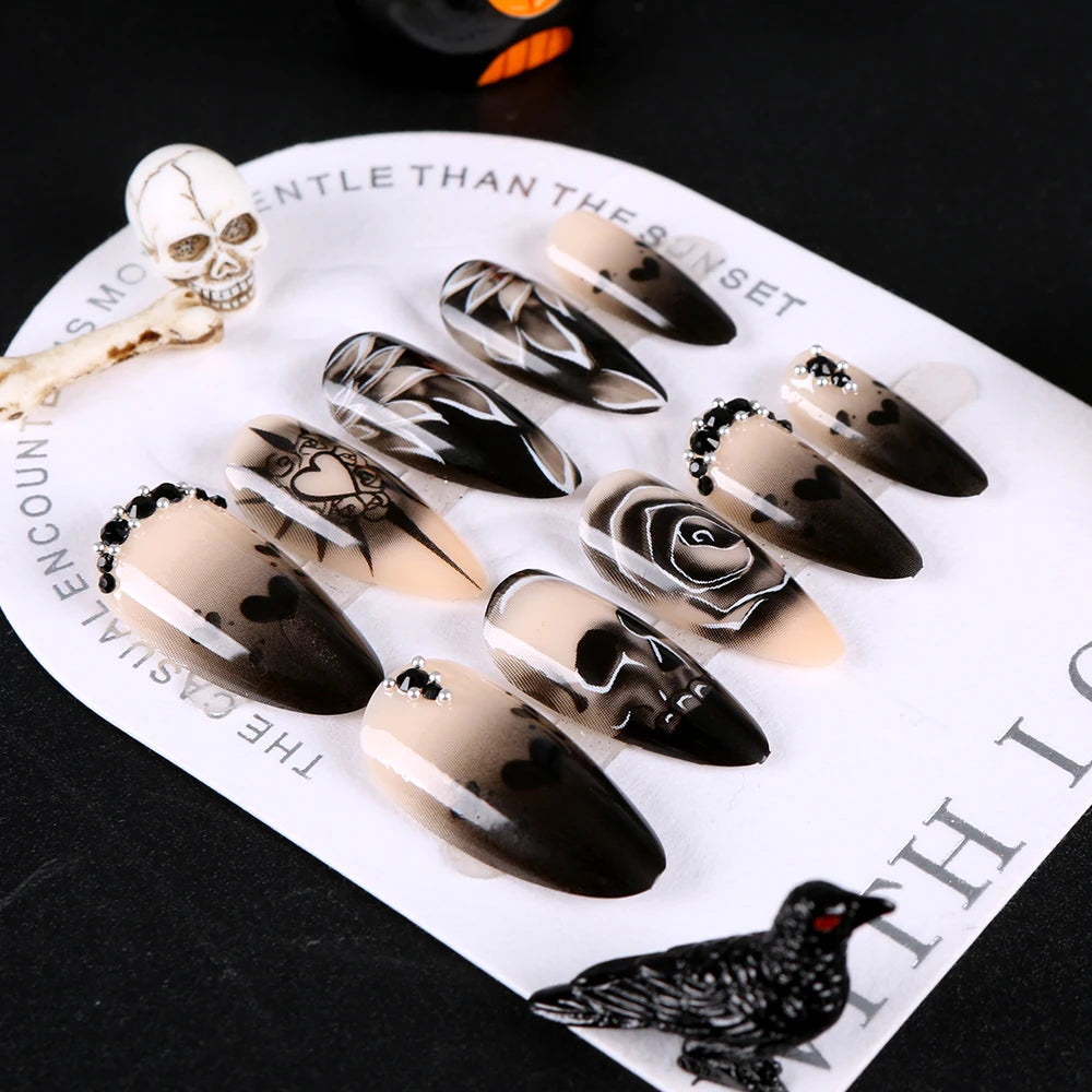 24Pcs Black Glossy Halloween Almond Fake Nails – Gradient French Press-on Nails with Rose, Heart & Skull Designs