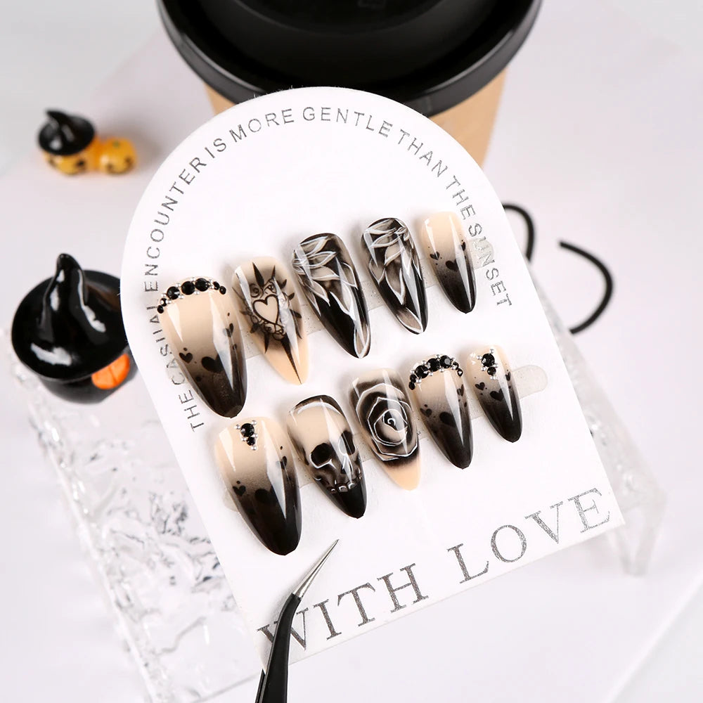 24Pcs Black Glossy Halloween Almond Fake Nails – Gradient French Press-on Nails with Rose, Heart & Skull Designs