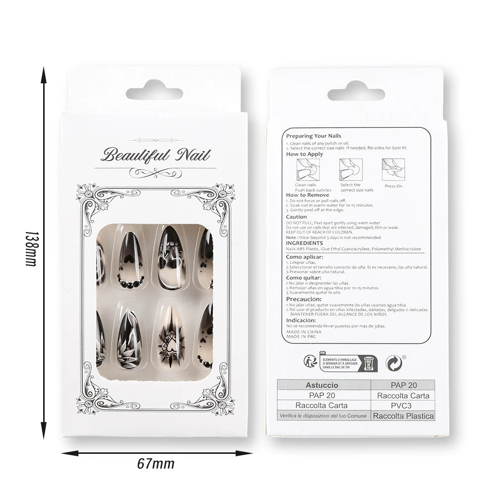 24Pcs Black Glossy Halloween Almond Fake Nails – Gradient French Press-on Nails with Rose, Heart & Skull Designs