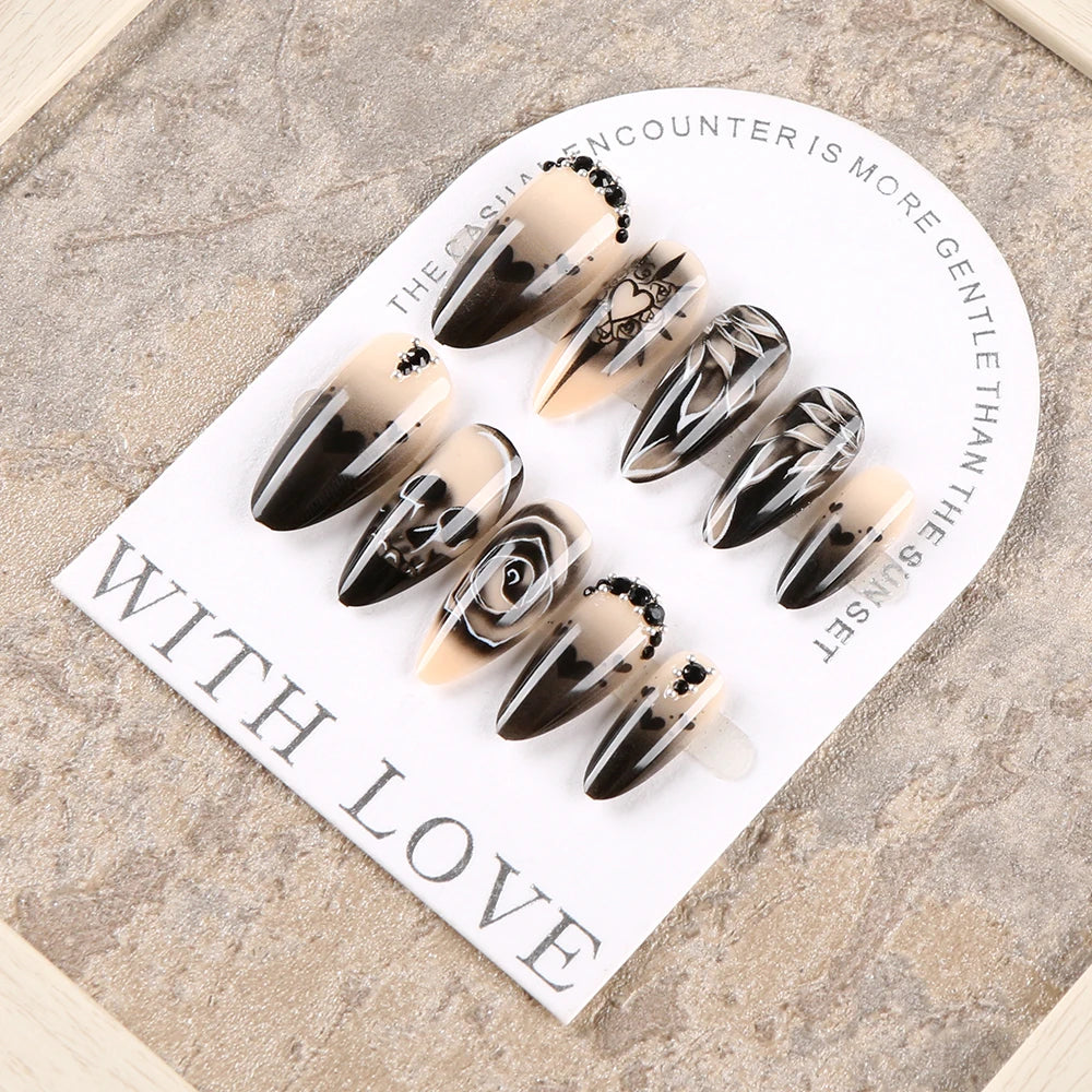 24Pcs Black Glossy Halloween Almond Fake Nails – Gradient French Press-on Nails with Rose, Heart & Skull Designs
