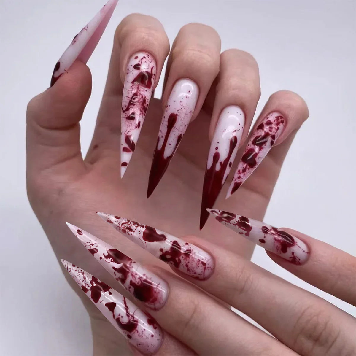 24Pcs Blood Splatter Almond Press-on Nails – Long Glossy Red & White Halloween Fake Nail Kit