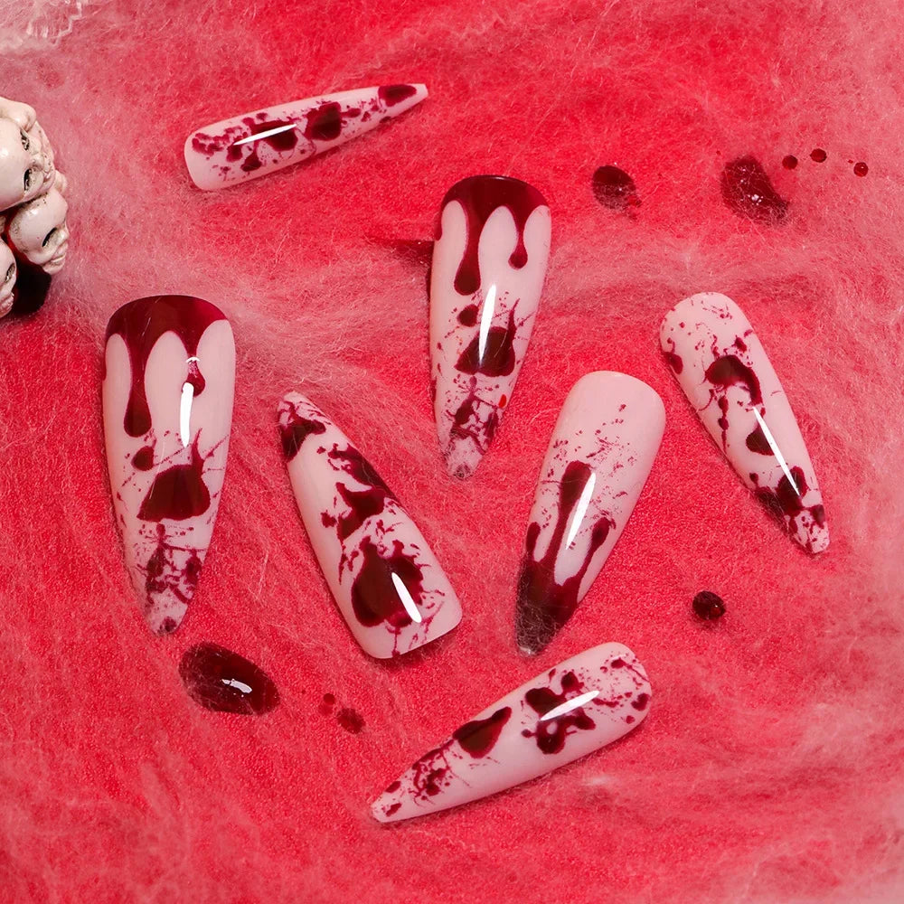 24Pcs Blood Splatter Almond Press-on Nails – Long Glossy Red & White Halloween Fake Nail Kit