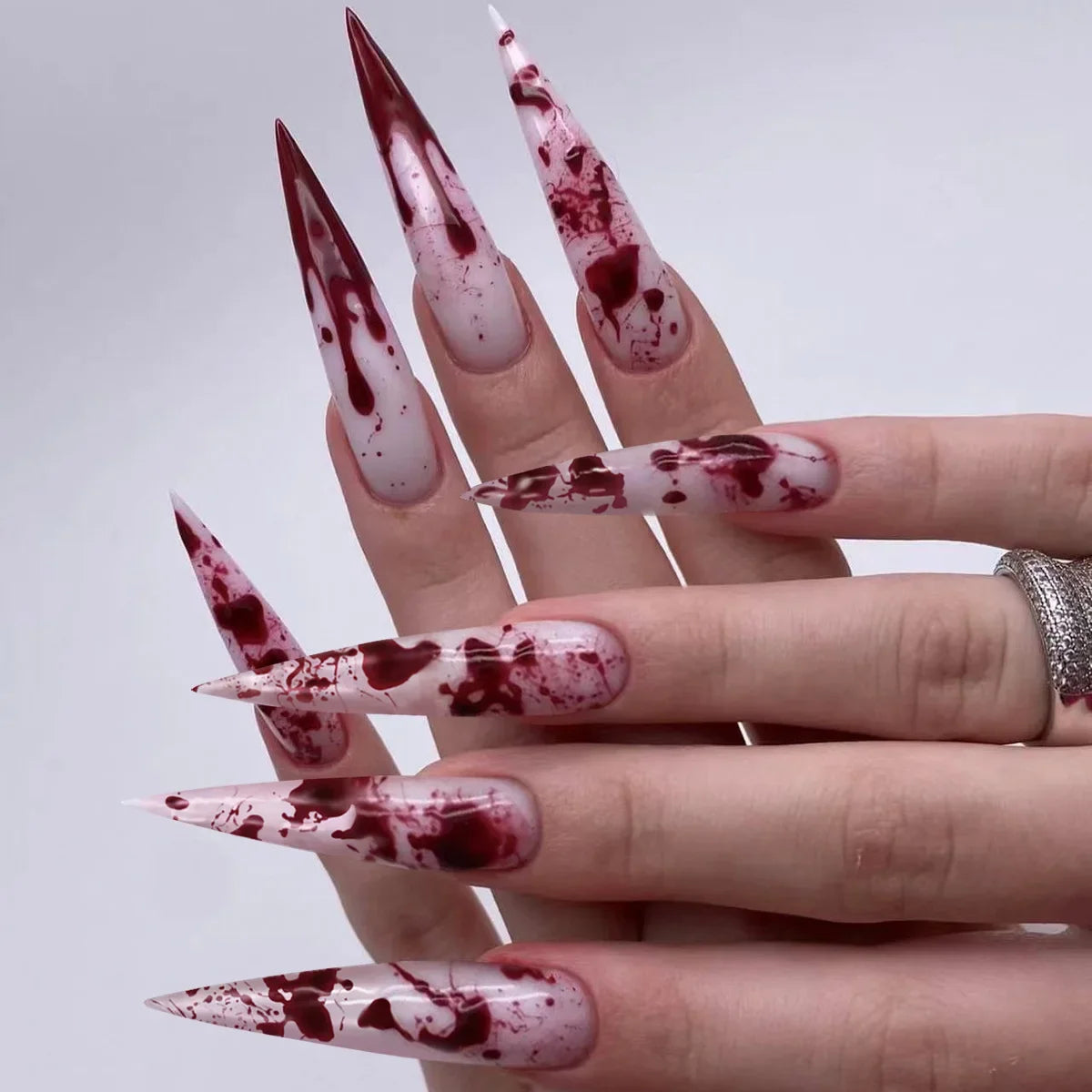 24Pcs Blood Splatter Almond Press-on Nails – Long Glossy Red & White Halloween Fake Nail Kit