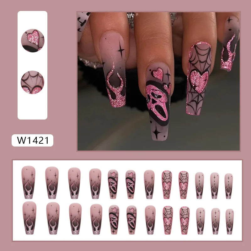 24Pcs Glitter Pink Sequins Fake Nails – Halloween Skull & Love Print Ballet Press-on Nails
