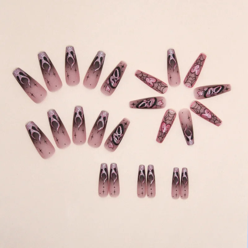 24Pcs Glitter Pink Sequins Fake Nails – Halloween Skull & Love Print Ballet Press-on Nails