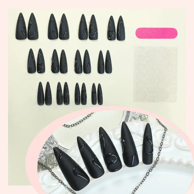 24Pcs Halloween Dark Scrub Fake Nails – Super Long Pointy Press-on Nails with 3D Black Snake Design