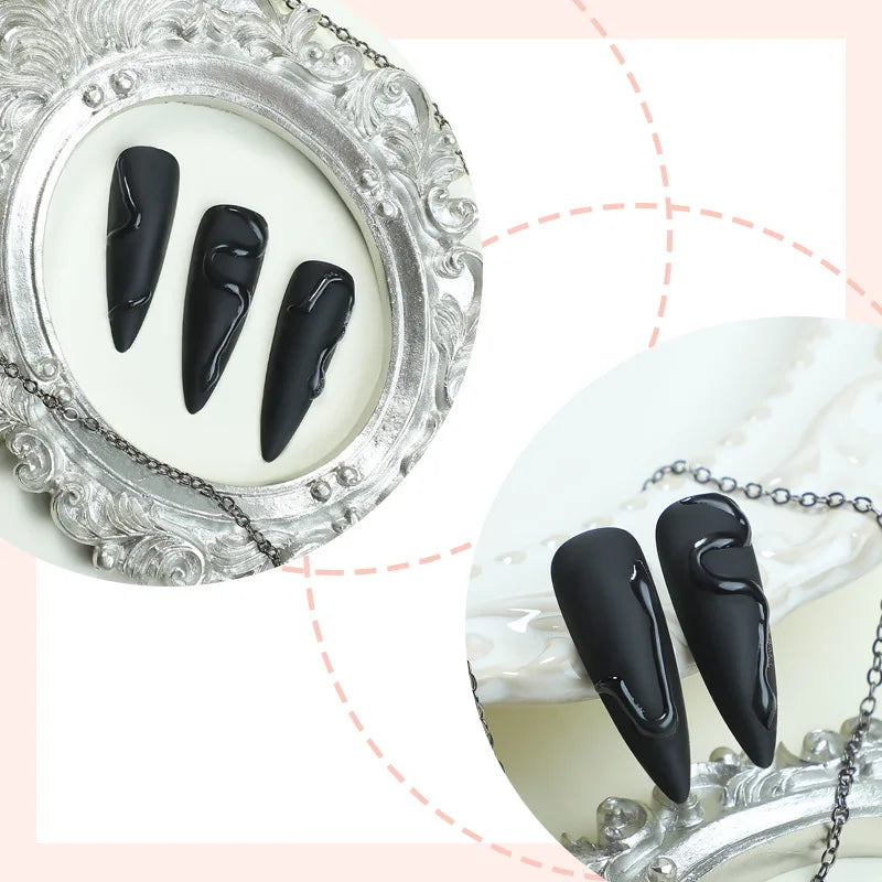 24Pcs Halloween Dark Scrub Fake Nails – Super Long Pointy Press-on Nails with 3D Black Snake Design