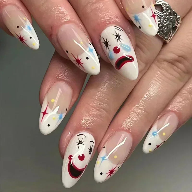 24Pcs Halloween False Nails – Almond Head Clown Design French Full Cover Press-on Nails