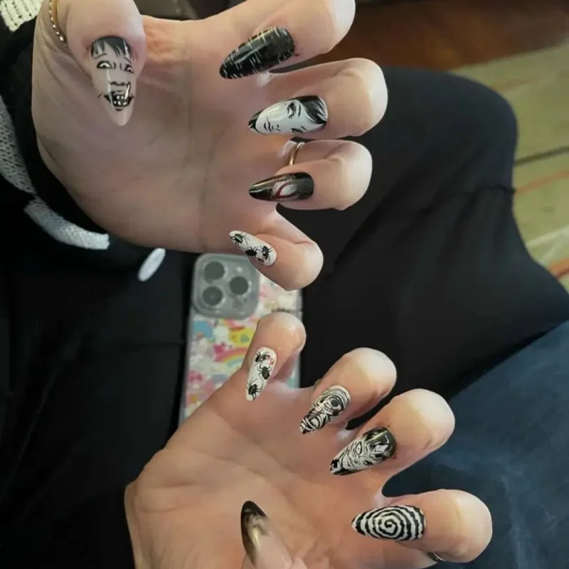 24Pcs Horror Comic Tomie Press on Nails – Almond Glossy Black Japanese Anime Nails, Reusable Halloween False Nail Tips