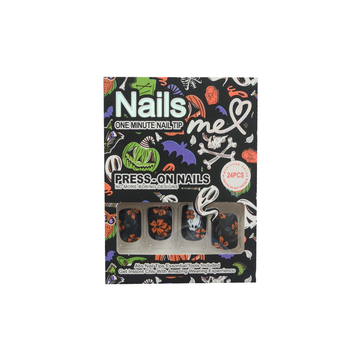 24Pcs Short Square Matte Press-on Nails – Floral & Ghost Halloween Dark Forest Fake Nail Kit
