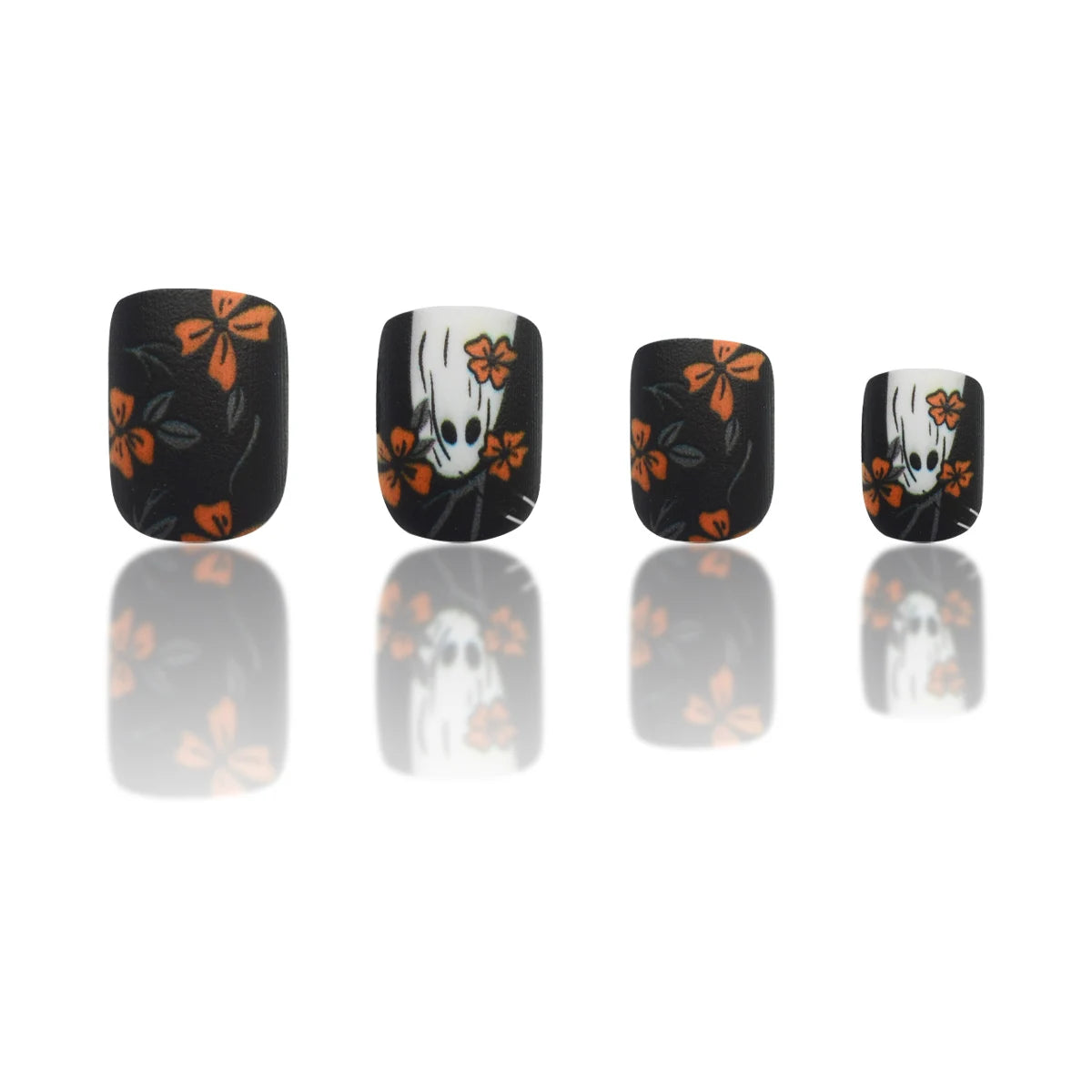 24Pcs Short Square Matte Press-on Nails – Floral & Ghost Halloween Dark Forest Fake Nail Kit