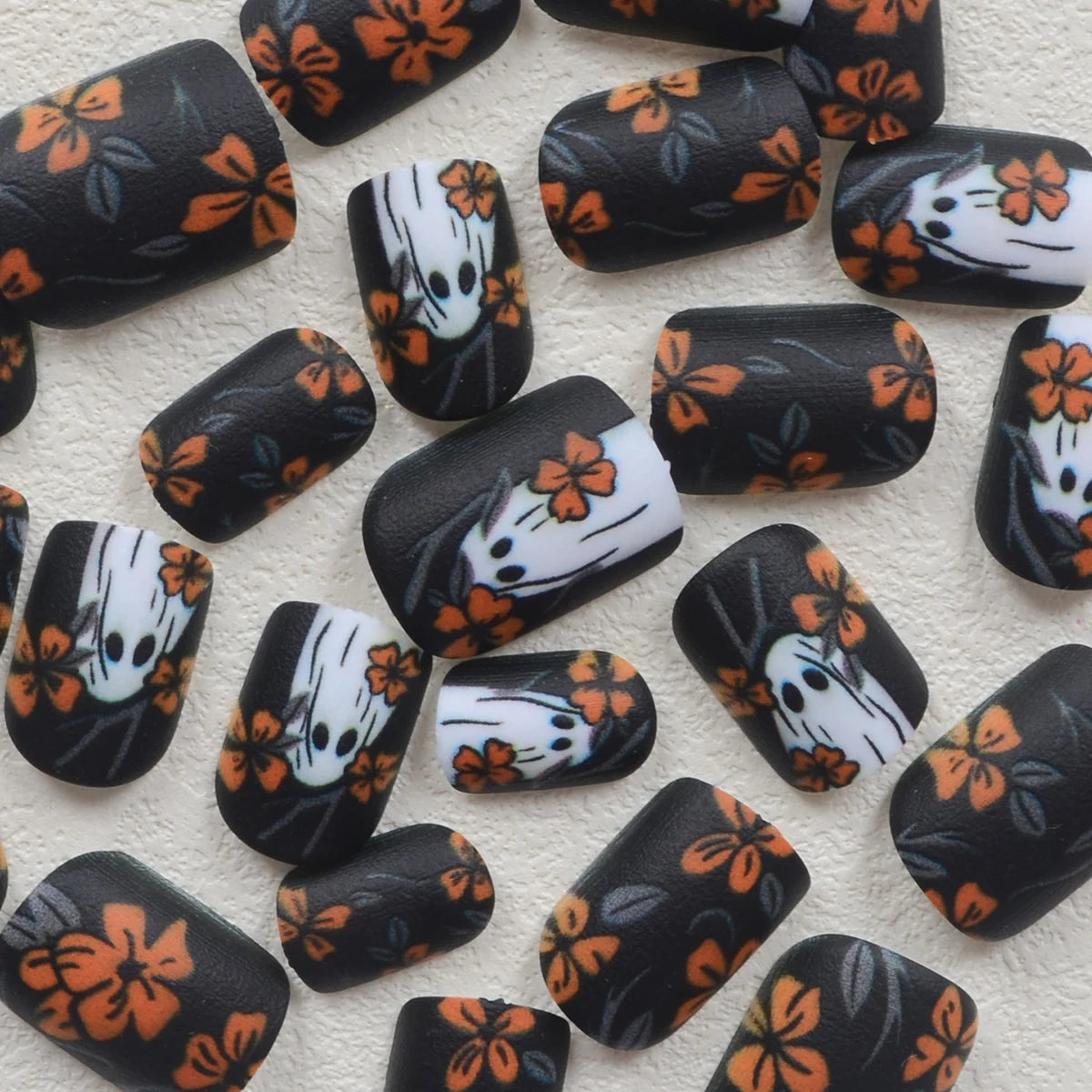 24Pcs Short Square Matte Press-on Nails – Floral & Ghost Halloween Dark Forest Fake Nail Kit