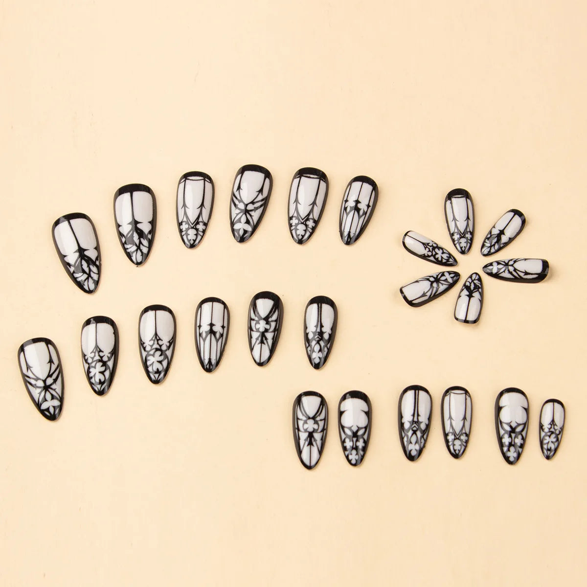 24 Pcs Gothic White Glossy Almond Fake Nails – Long Press On Nails with Jelly Tabs for Halloween