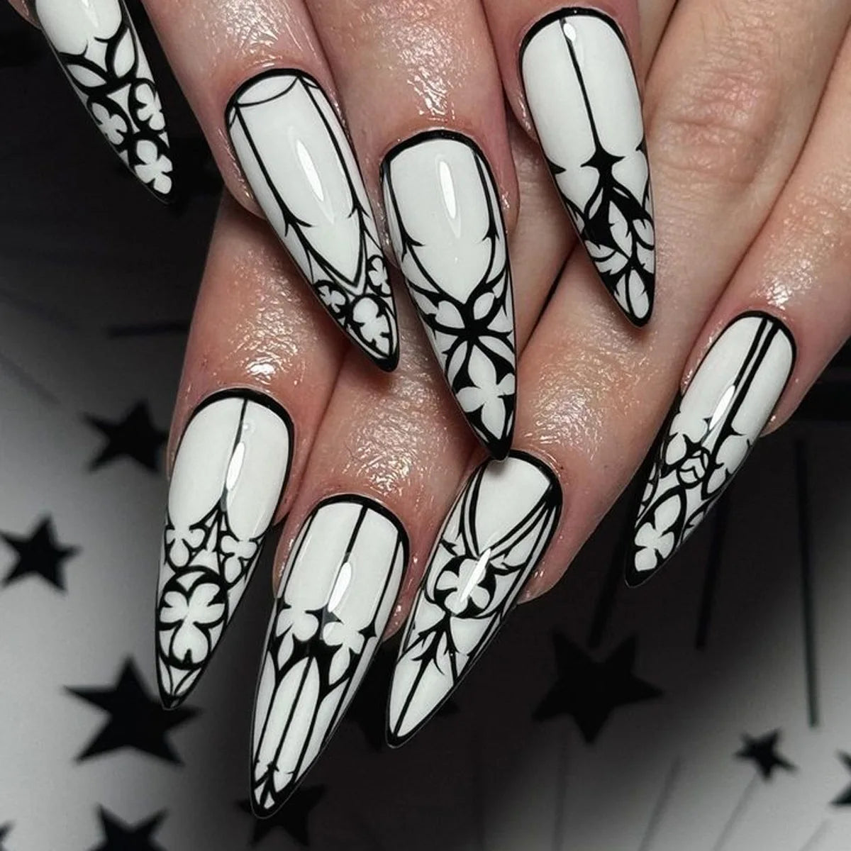 24 Pcs Gothic White Glossy Almond Fake Nails – Long Press On Nails with Jelly Tabs for Halloween