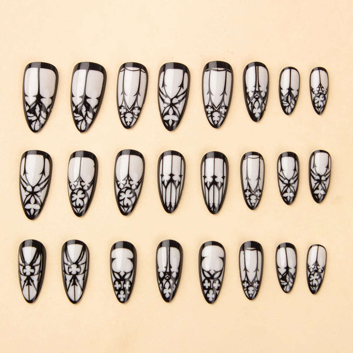 24 Pcs Gothic White Glossy Almond Fake Nails – Long Press On Nails with Jelly Tabs for Halloween