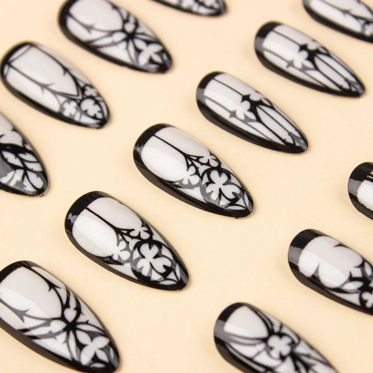 24 Pcs Gothic White Glossy Almond Fake Nails – Long Press On Nails with Jelly Tabs for Halloween