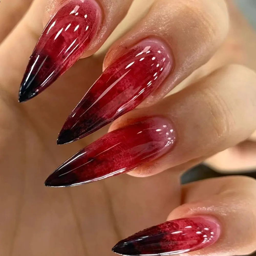 24pcs Blood Red Gradient Long Pointed Fake Nails – Full Cover Halloween Press-On Nail Tips