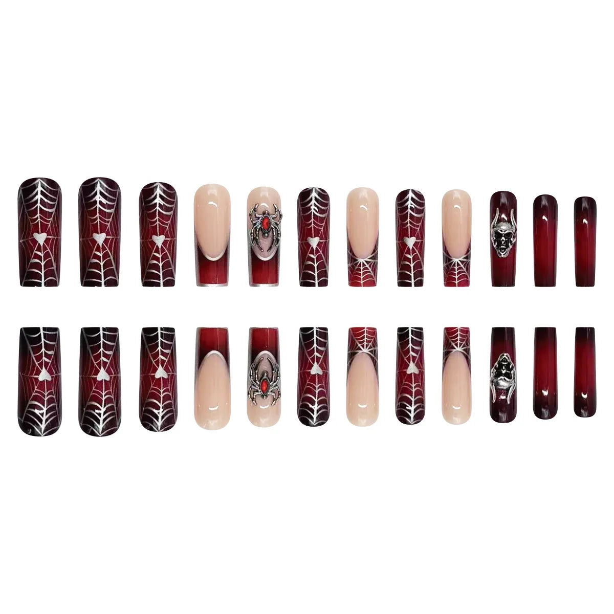 24pcs Halloween Press-On Nails – Gothic Punk 3D Spider Skull Design, Black Y2K Coffin French Fake Nails