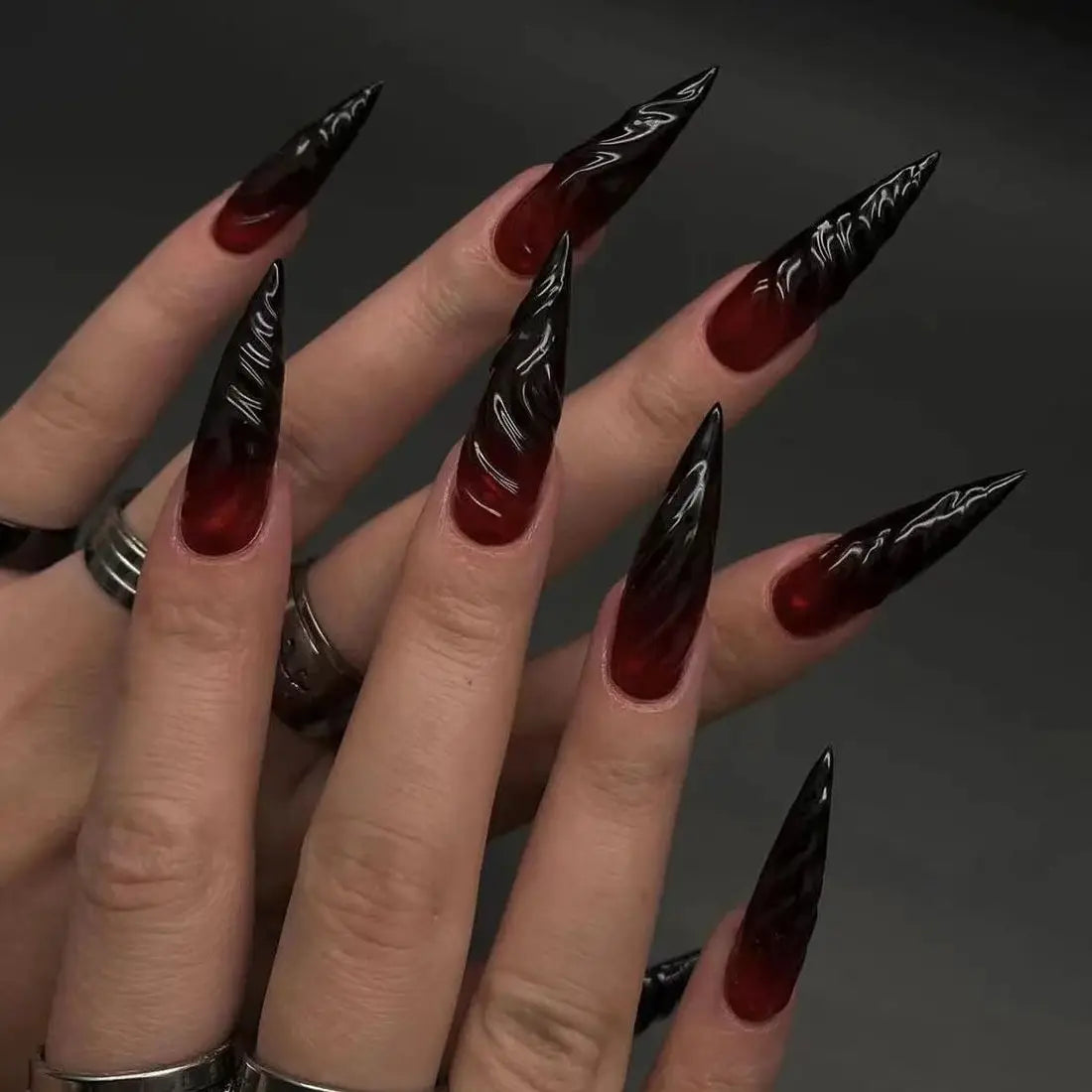 3D Red Black Gradient Halo Long Pointed False Nails – Halloween Press On Nails with Glue