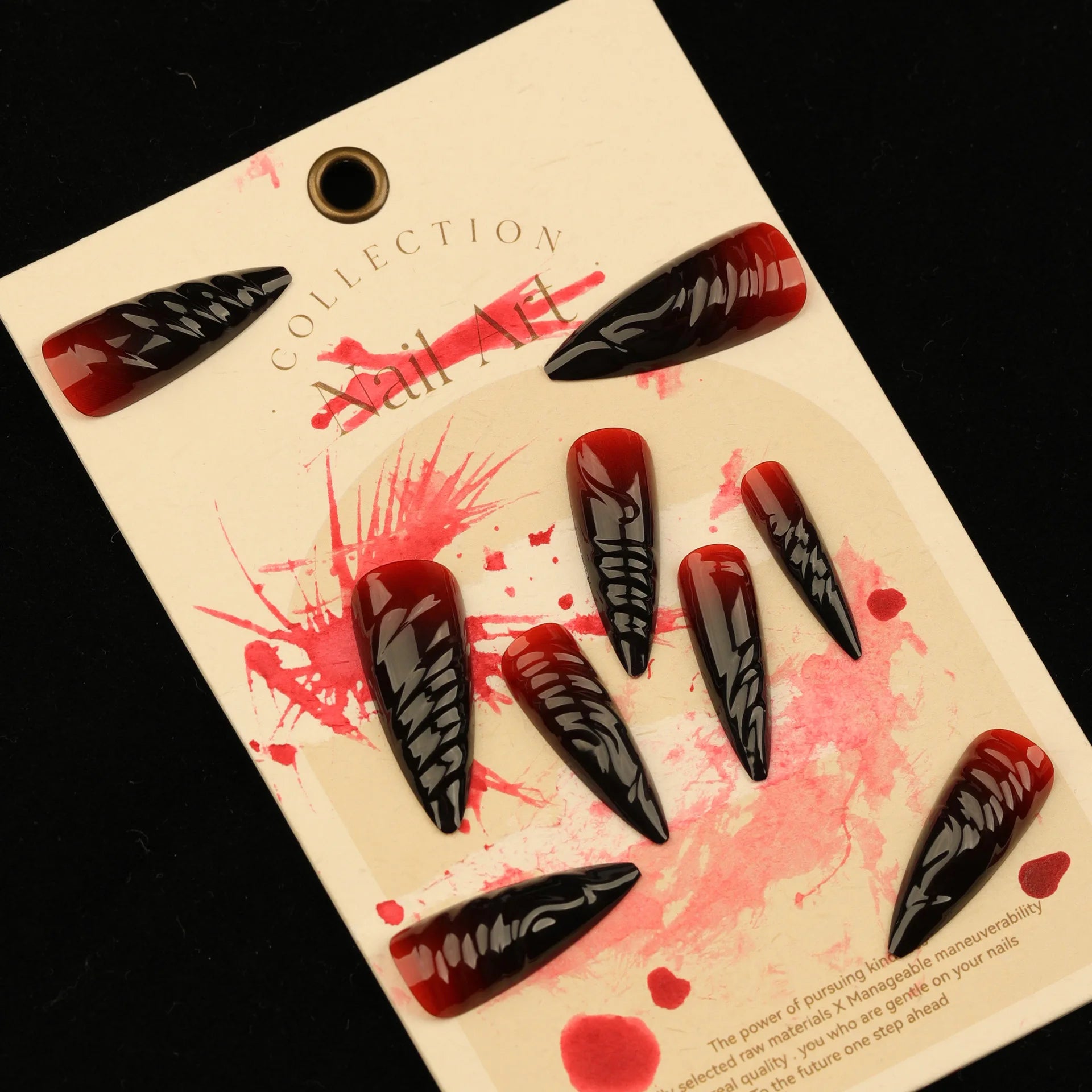 3D Red Black Gradient Halo Long Pointed False Nails – Halloween Press On Nails with Glue