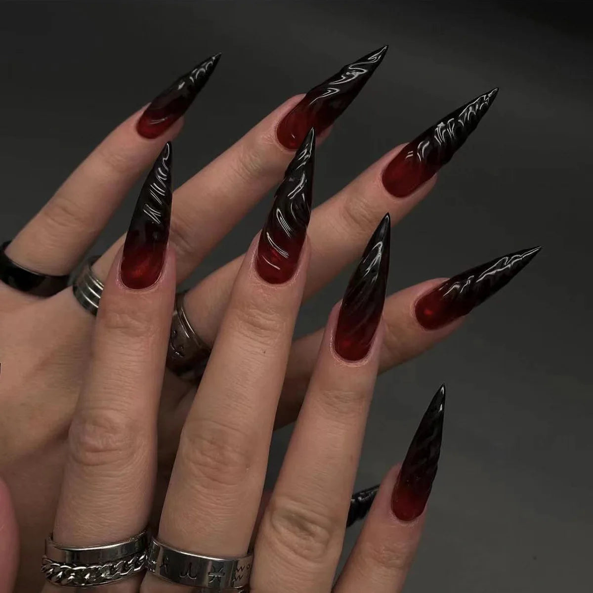 3D Red Black Gradient Halo Long Pointed False Nails – Halloween Press On Nails with Glue