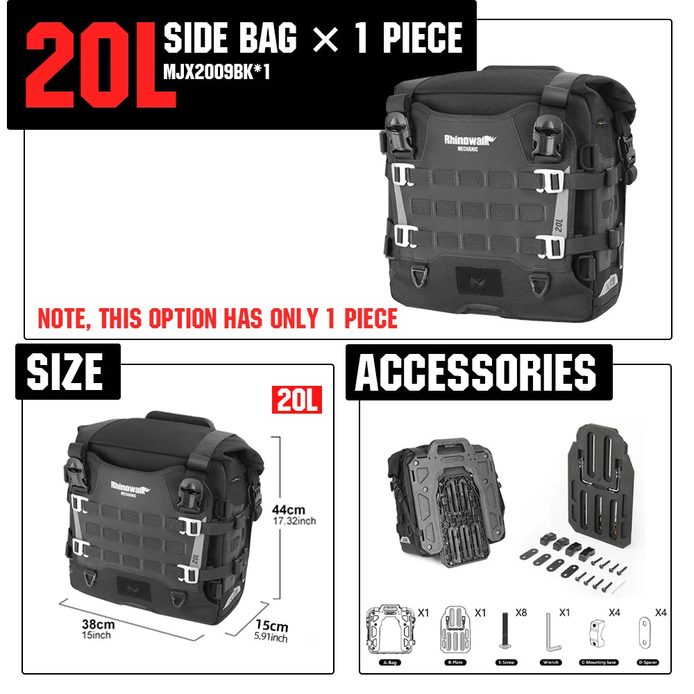Rhinowalk Motorcycle Side Bag Mechanic Quick Release Waterproof 35L Big Capacity Anti-Theft With Lock Hole Molle Saddlebag