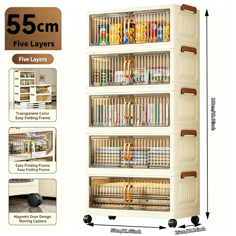 5-tier foldable stackable plastic storage cabinet, no assembly needed, with magnetic vertical transparent double doors and brown handles, foldable rolling storage box, 58cm wide, with universal wheels, perfect for organizing
