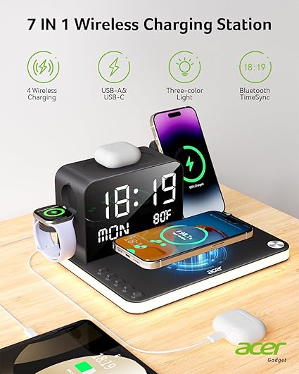 Acer 7-in-1 Wireless Charging Station – Fast Multi-Device Charger for iPhone, Apple Watch & AirPods with Bluetooth Time Sync - Urbizia