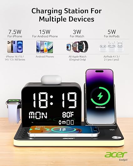 Acer 7-in-1 Wireless Charging Station – Fast Multi-Device Charger for iPhone, Apple Watch & AirPods with Bluetooth Time Sync - Urbizia
