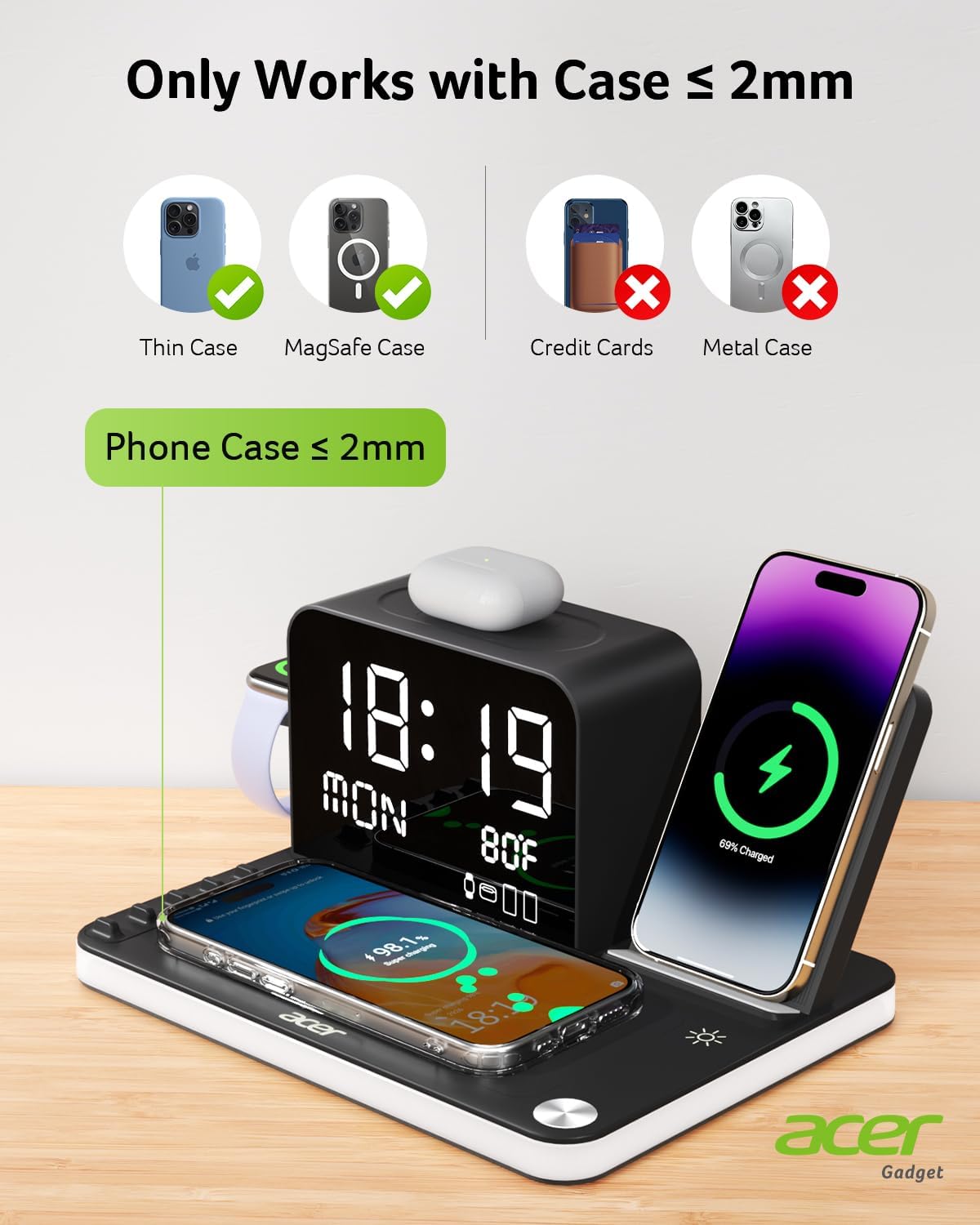 Acer 7-in-1 Wireless Charging Station – Fast Multi-Device Charger for iPhone, Apple Watch & AirPods with Bluetooth Time Sync - Urbizia
