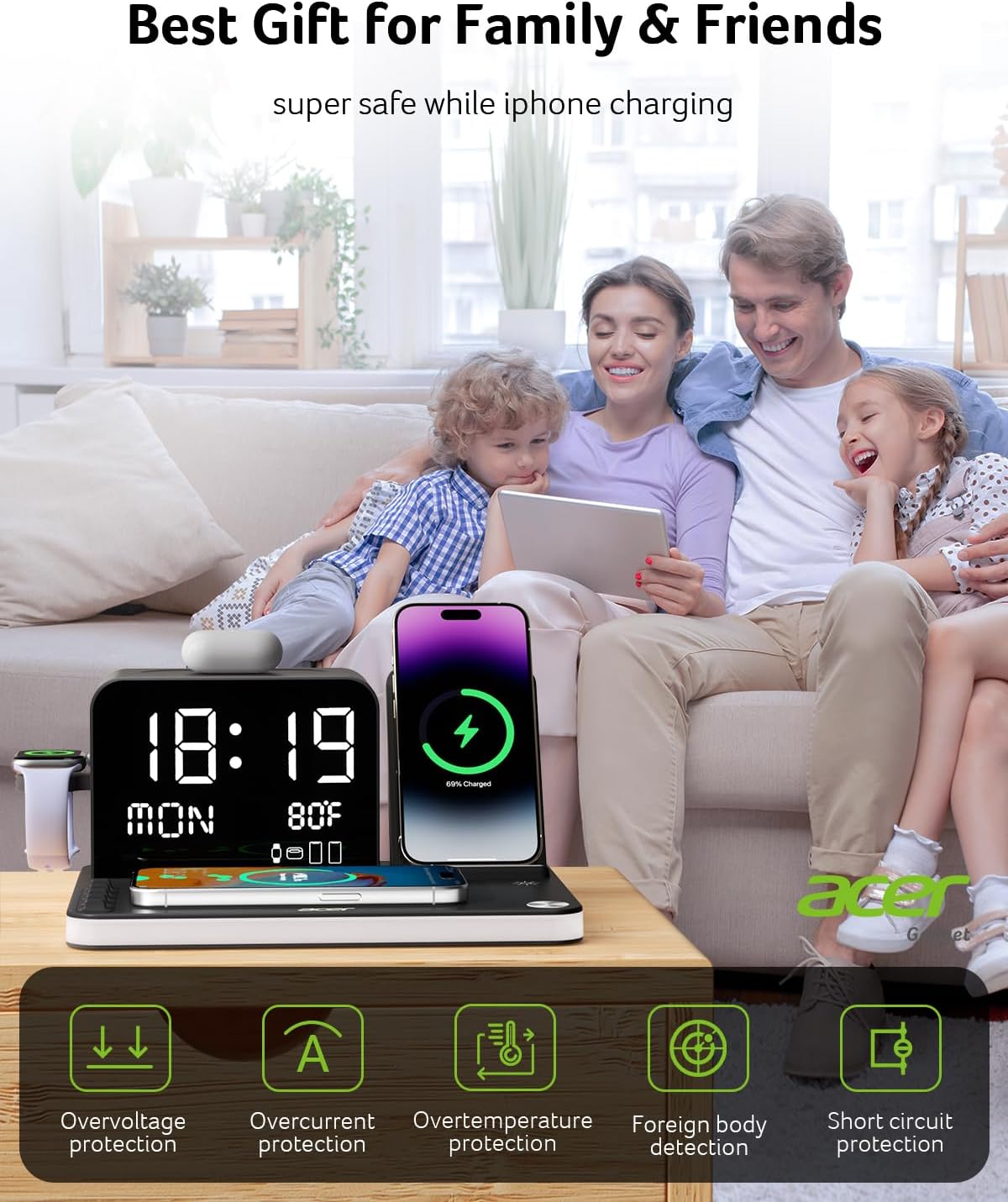 Acer 7-in-1 Wireless Charging Station – Fast Multi-Device Charger for iPhone, Apple Watch & AirPods with Bluetooth Time Sync - Urbizia