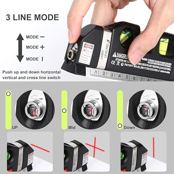 AikTryee Laser Level Tool – Cross Line, Vertical & Horizontal Leveler with Metric Ruler 8ft/2.5M - Urbizia